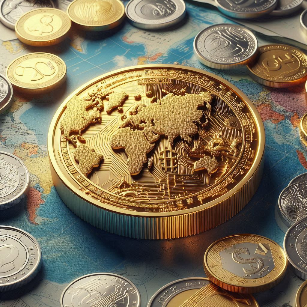 世界地図の上に真ん中にデカい金の硬貨があり、その周りに様々な国の硬貨が落ちてる