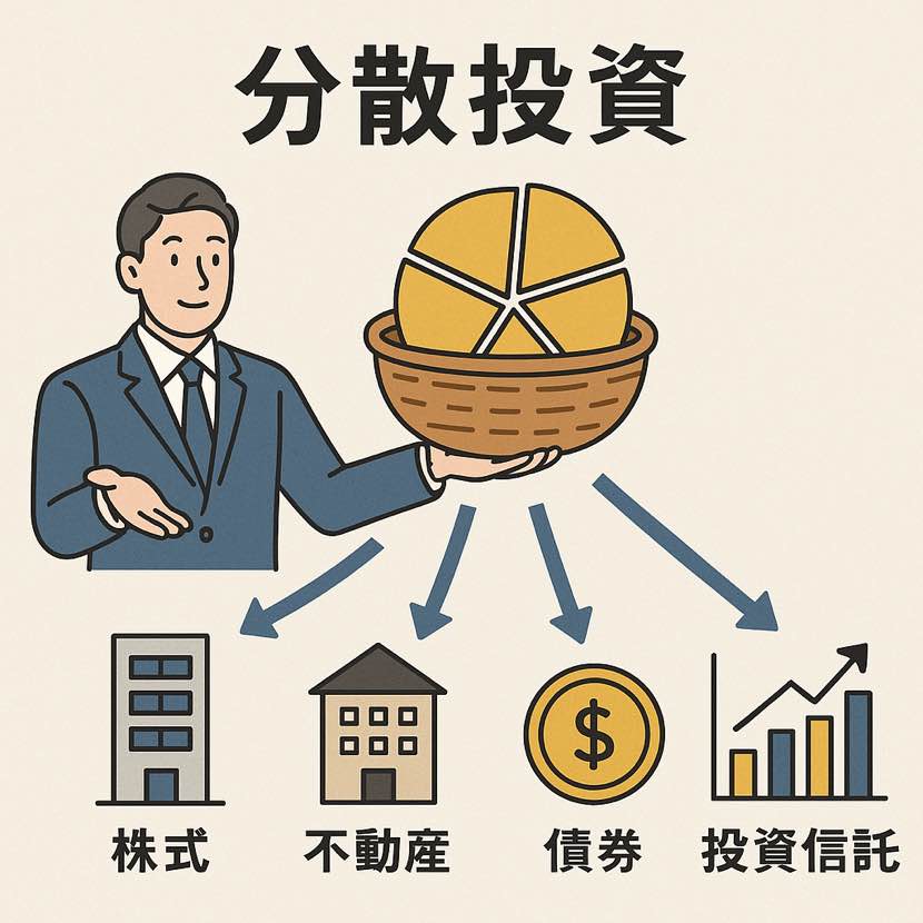 分散投資のイメージ画像。株式や不動産、債券、投資信託にそれぞれ分けて投資している画像。