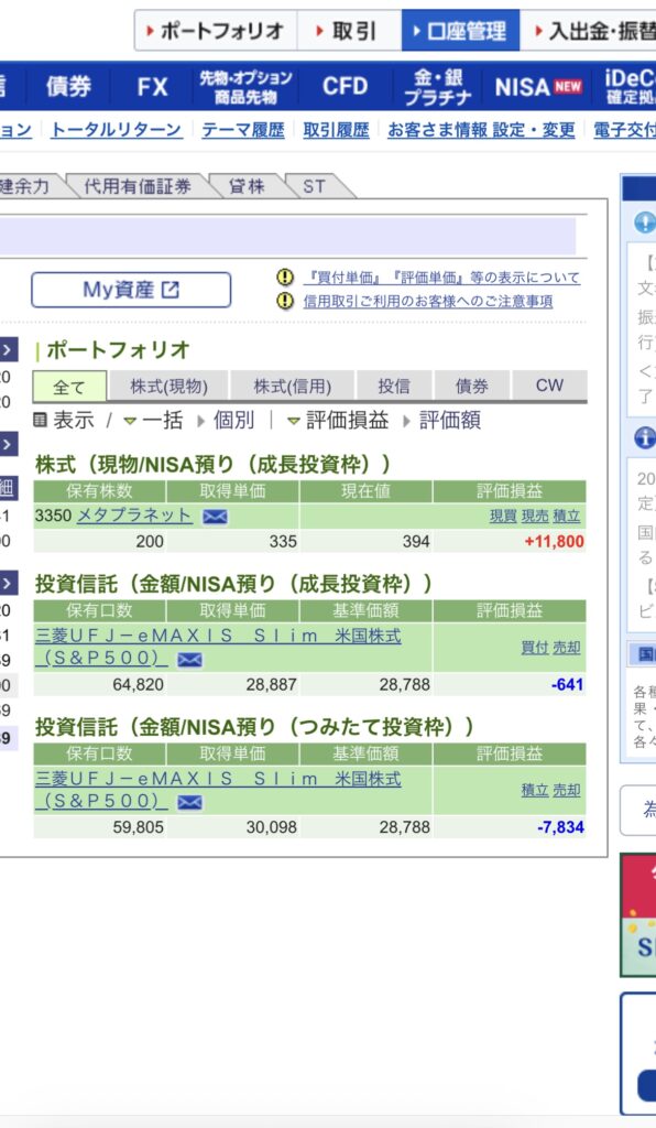 メタプラネット(3350)実際に200株保有した画像。4/28購入(335円)5/1現在の状況(394円)