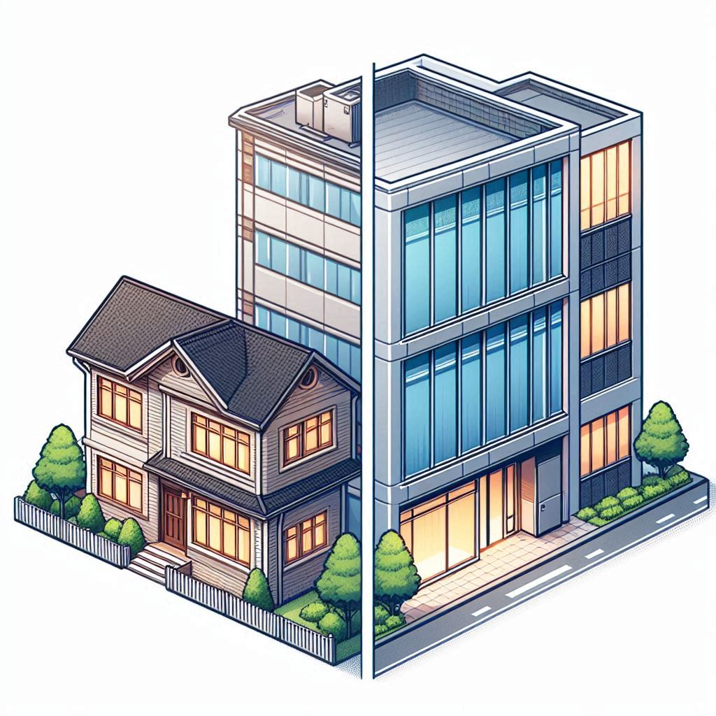左に一戸建て、右にオフィスビル。『住宅用』『事業用』の対比をわかりやすく示したイラスト。