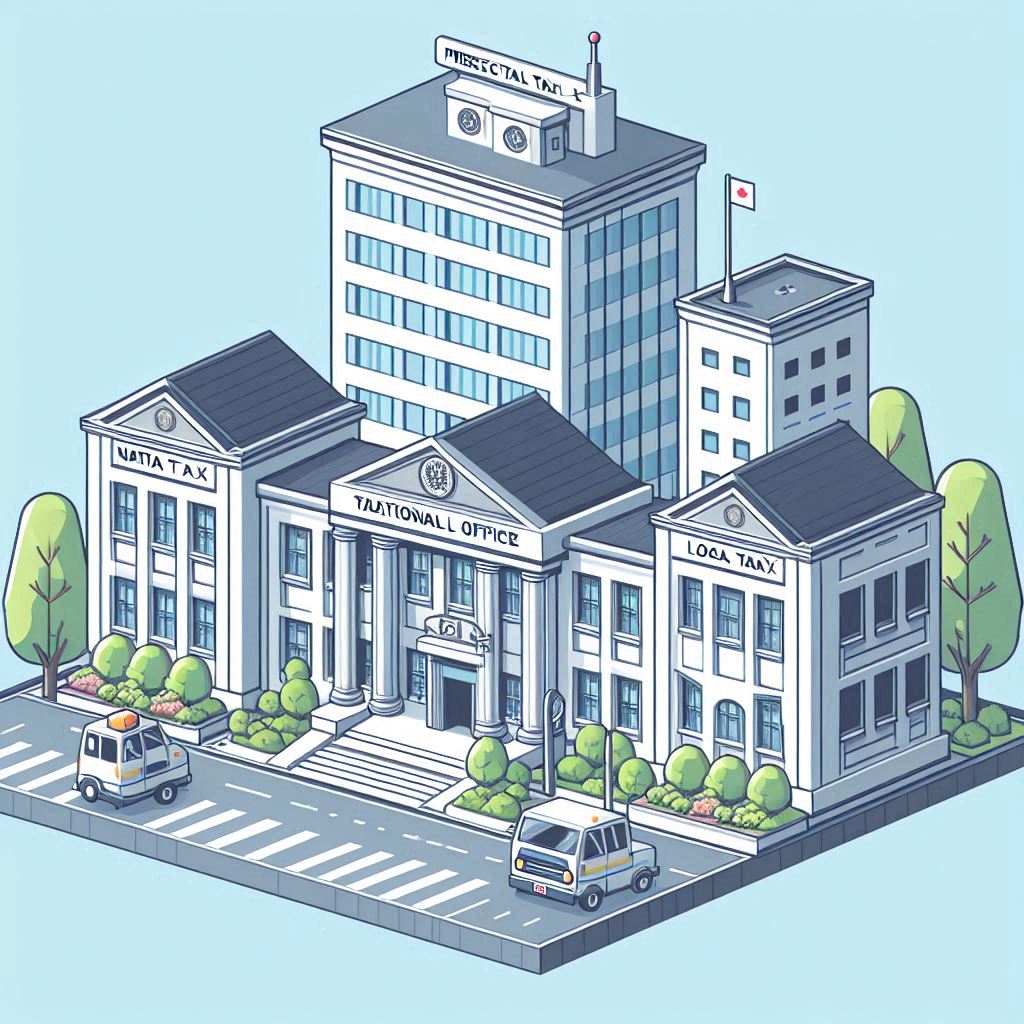 税務署と県税事務所の建物イラスト。『国税×』『地方税○』などの補足テキスト付き。