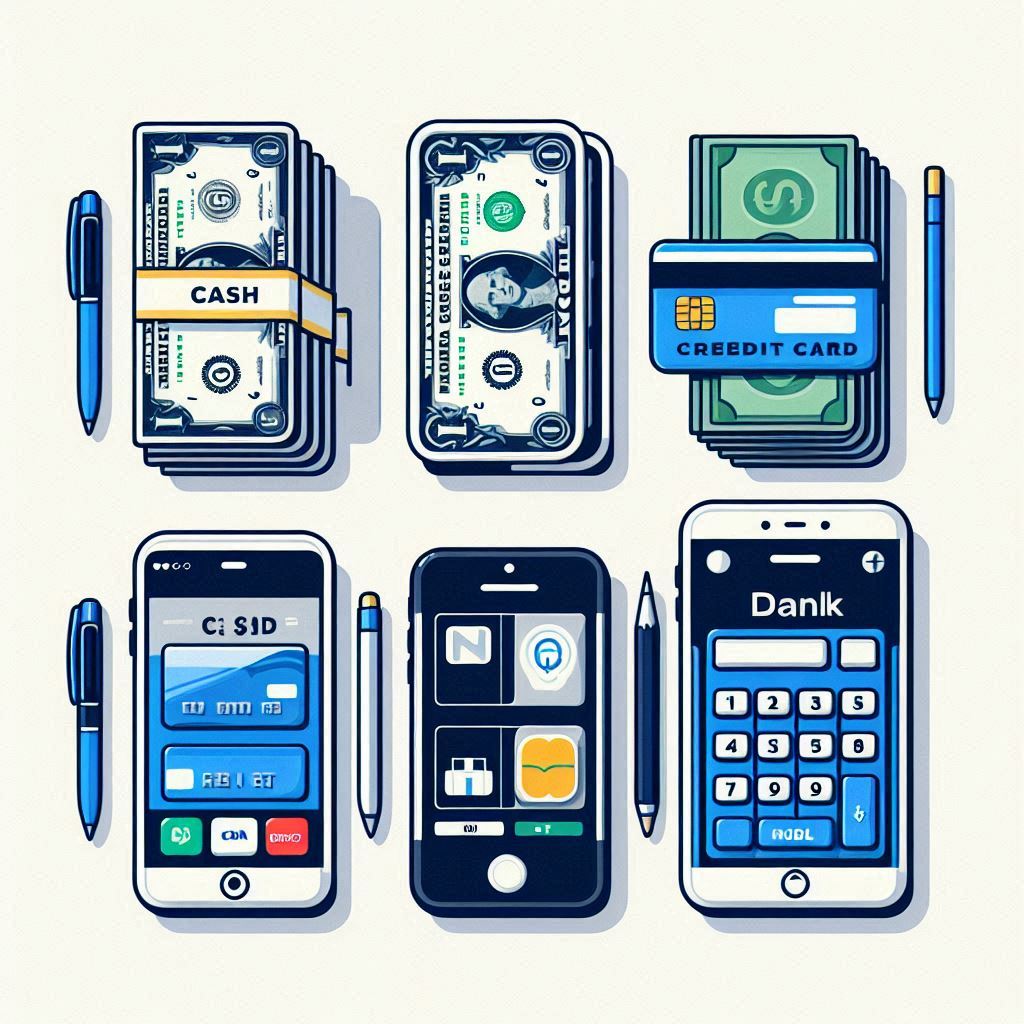 現金、クレジットカード、スマートフォン、銀行通帳が横に並んだ比較イメージ。それぞれにラベルが付いており、利便性や還元率の違いを視覚的に表現。白背景、フラットデザイン風。