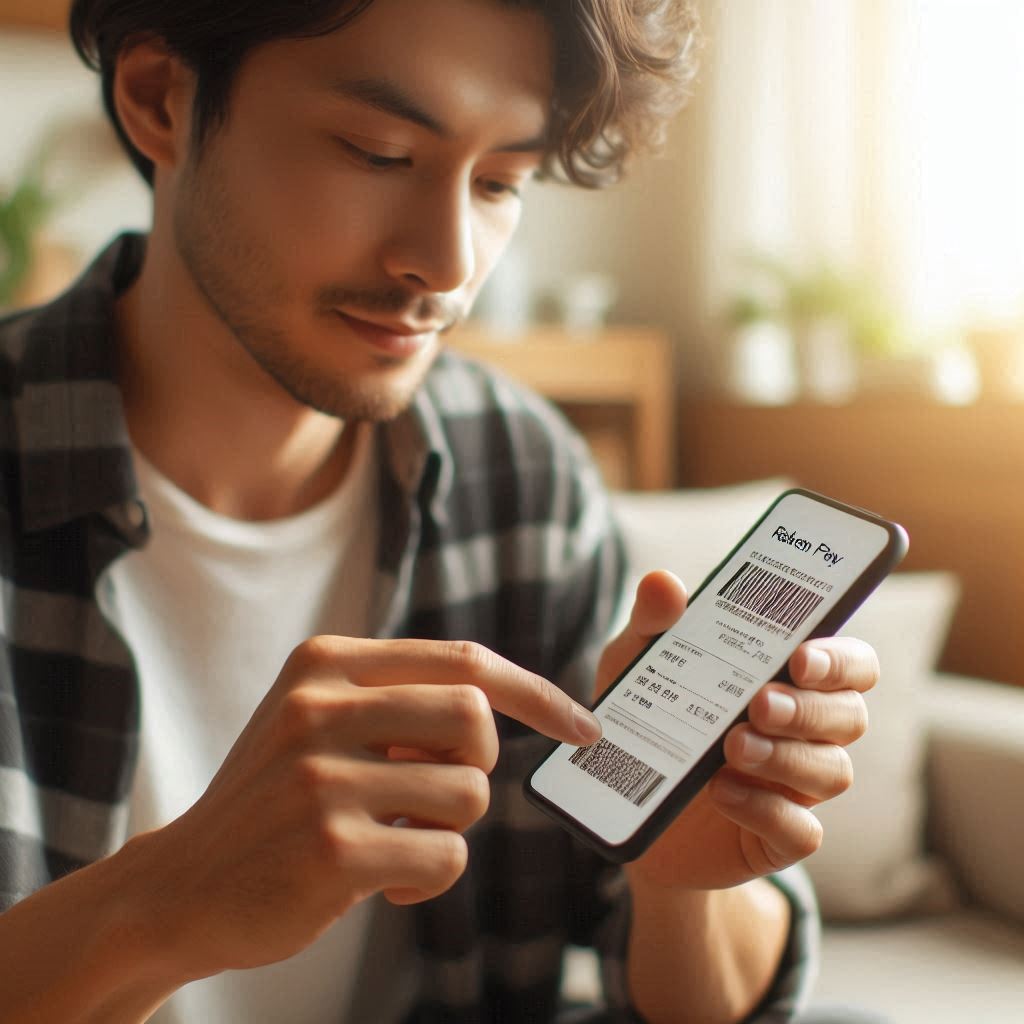 若い男性がスマートフォンで楽天ペイを開き、自動車税のバーコードを読み取っているシーン。背景は自宅のリビング、柔らかい日差し、自然な表情、高精細なリアルスタイル。
