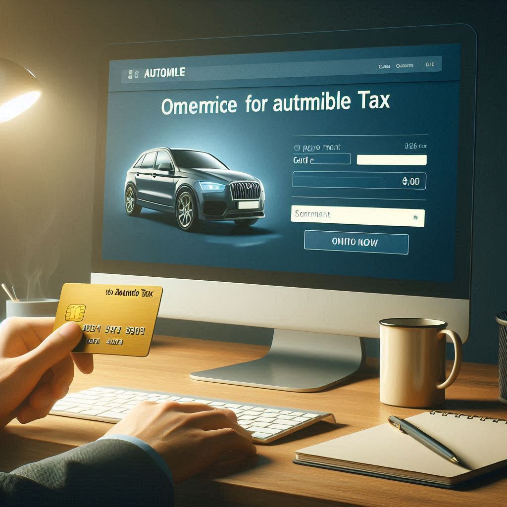 ゴールドのクレジットカードを持った手と、PC画面で自動車税のオンライン決済ページを開いているシーン。デスク上にはマグカップやメモ帳が置かれている。高級感のある照明、リアル調。