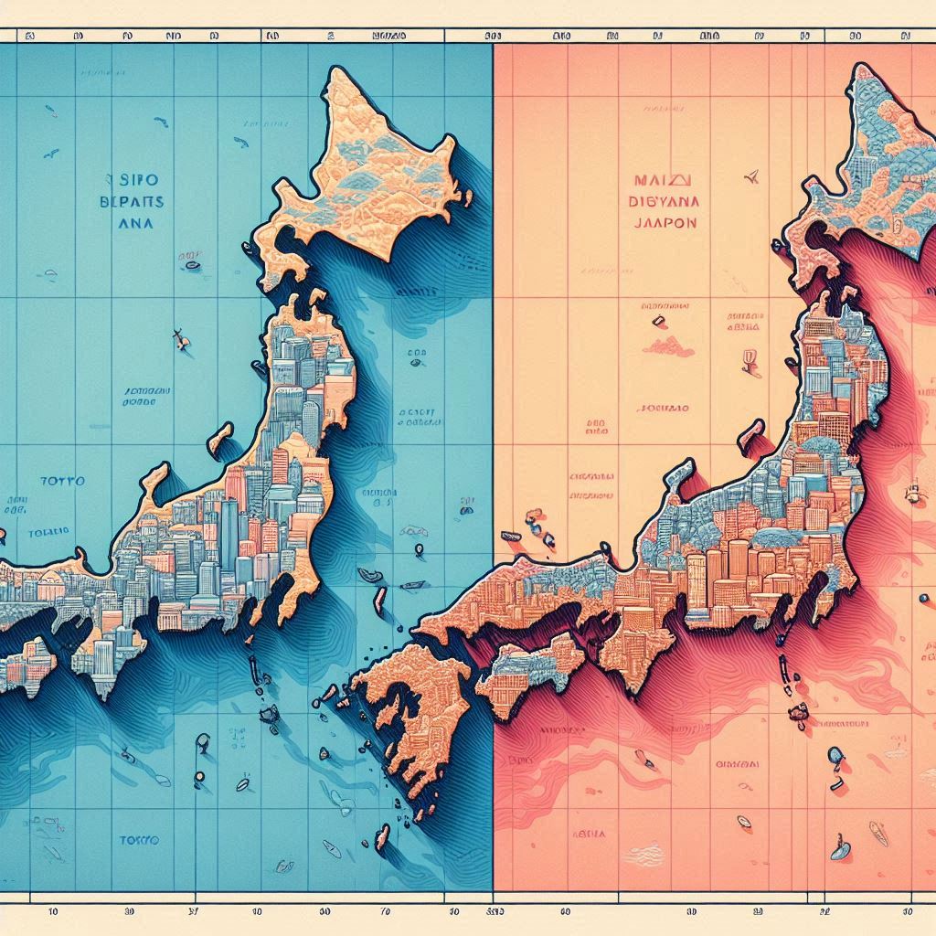 日本地図と各都道府県に違いがある様子を示したイラスト。東京・大阪など主要都市が強調されている。