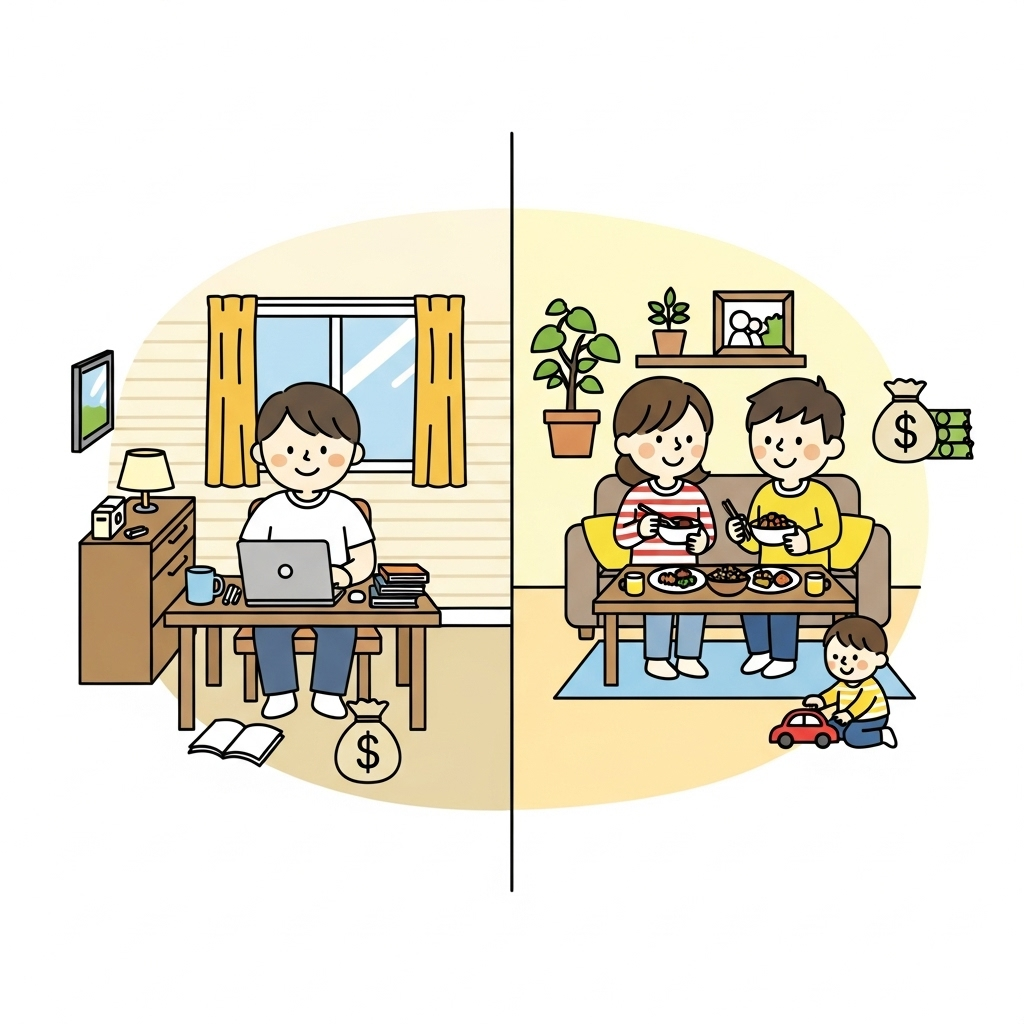 対照的な2つの場面を描写。一方は質素に暮らす一人暮らしの人物、もう一方は快適に暮らすカップルまたは家族で、異なる資産の必要性を示すさりげないお金の袋が描かれている。