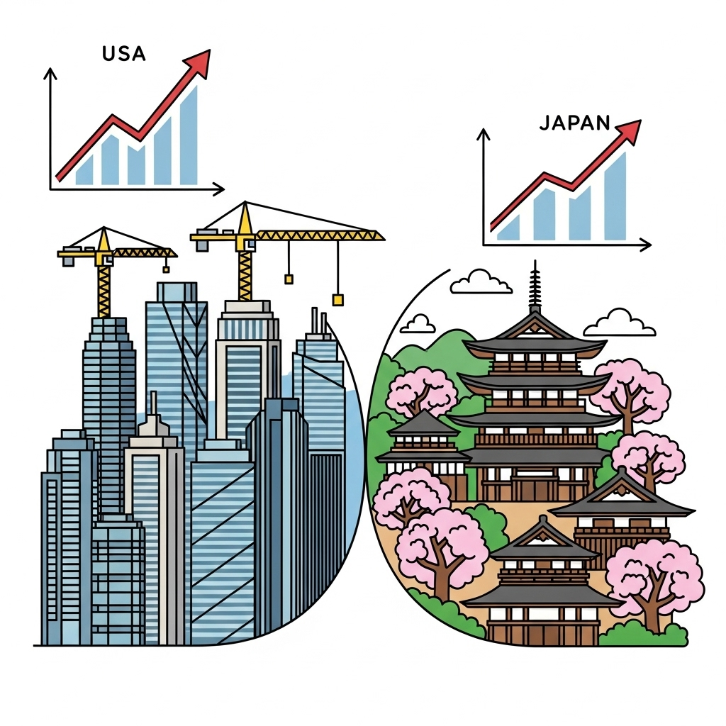 一方は高層ビルと急成長する経済を表す米国、もう一方は伝統的な建築物とより安定した、おそらく成長の遅い経済を表す日本。異なる成長率を示す矢印。